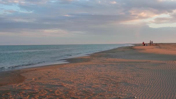 Frohe Strandurlaube Eine Verschwommene Defokussierte Dreiköpfige Familie Die Einiger Entfernung — Stockvideo
