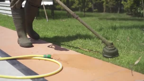 Langzame Beweging Van Tuinier Maaien Gras Met Borstelsnijder Tijdens Zonnige — Stockvideo