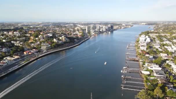 Flygfoto Över Brisbane River Hamilton Och Bulimba Förorten Solig Dag — Stockvideo