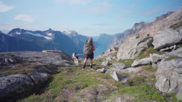 犬と一緒にカタママン山の山道を歩く白人ハイカー ワイドショット — ストック動画