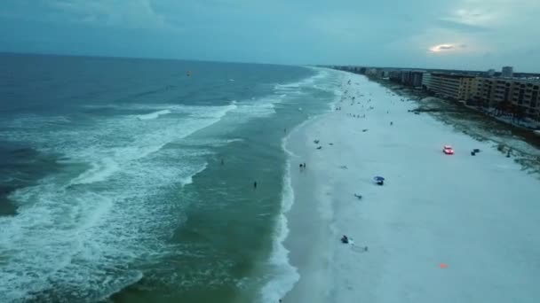 Sea Waves Breaking Sand Beach Seashore Summer Sunset Aerial Drone — Stock Video