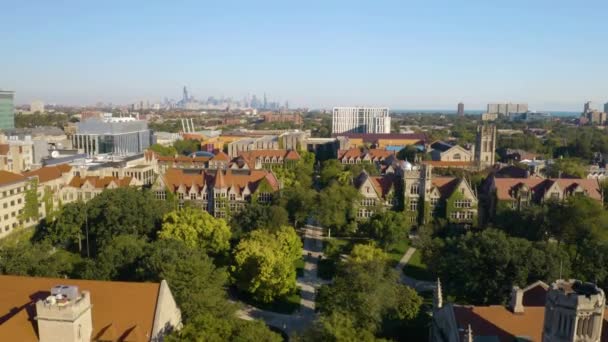 Aerial Pedestal Reveals University Chicago Campus 거리에 도시의 스카이라인 — 비디오