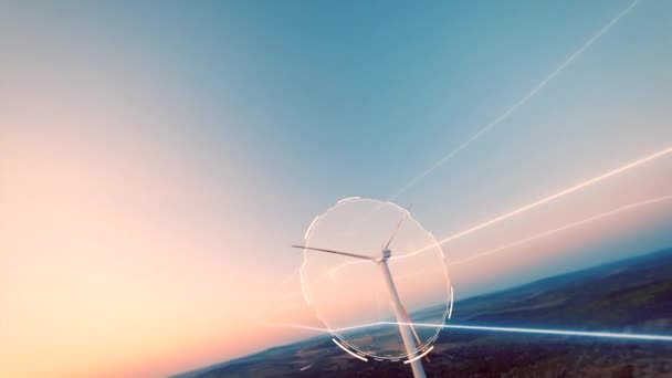 Fpv Drone Shot Linee Digitali Che Collegano Turbina Eolica All — Video Stock