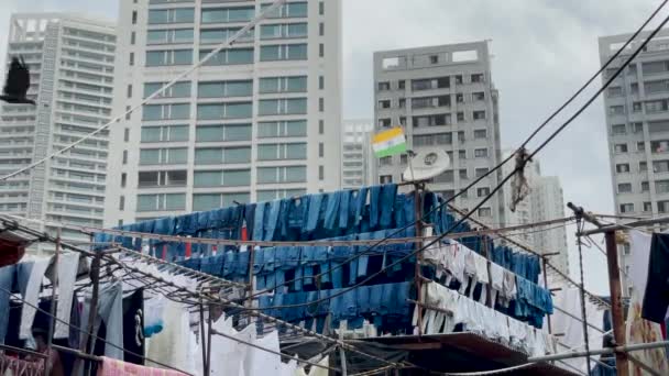 Dhobi Ghat Çamaşır Ipine Asılı Pantolon Mumbai Hindistan Açık Hava — Stok video
