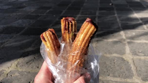 Tasty Churros Churro Street Food Vendor Mexico Sugar Hot Chocolate — Stock Video