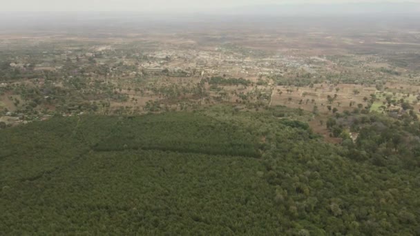ケニアの田舎の上空からのキリマンジャロの森の空中ドローンの眺めが引き戻されます — ストック動画