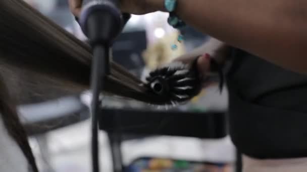 美容室でドライヤーとヘアブラシでドライな髪を受けている若い女性のバックビュー — ストック動画