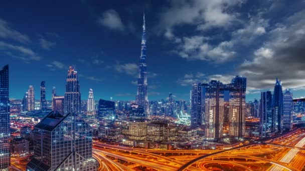 Dubai Night Skyline Cityscape Nachtzicht Wolkenkrabbers Gebouwen Burj Khalifa Hotel — Stockvideo