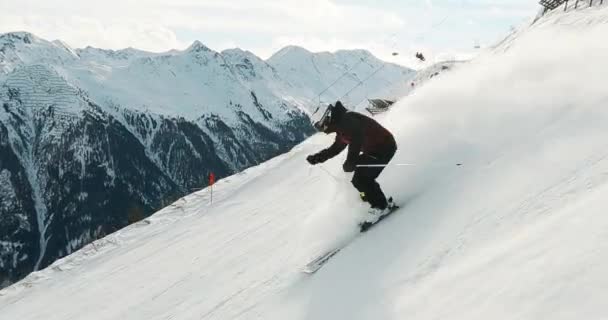 Ski Professional Skiing Downhill Steep Black Ski Slope Beautiful Mountain — Stock Video