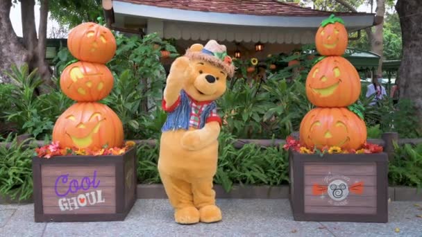 Disney Winnie Puh Karaktär Vågor Till Besökare Säsongen Halloween Tema — Stockvideo