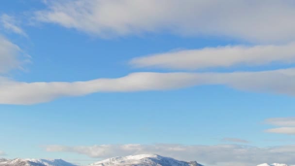 Besneeuwde Zweedse Bergen Omringd Door Alpenbos Rivier Deels Bewolkte Lucht — Stockvideo