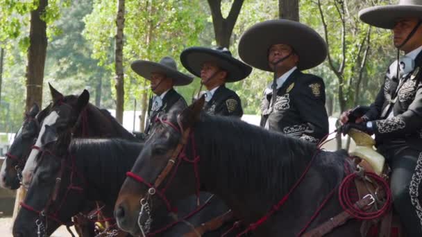 Politie Mexico Stad Patrouille Gemonteerd Paarden Traditionele Mexicaanse Uniform Van — Stockvideo