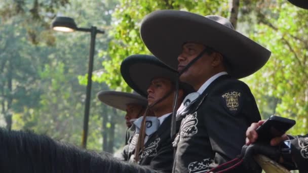 Polizisten Mexiko Pferd Mit Sombrero Hüten Und Mariachi Outfit Lokale — Stockvideo