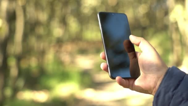 Zbliżenie Ręki Pomocą Smartfona Lesie — Wideo stockowe