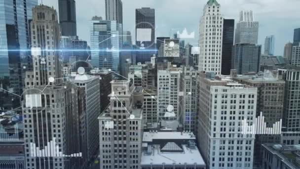 Animasyon Metropolis Gökdelenlerindeki Insanlar Arasındaki Sosyal Drone Hava Görüntüsünde Hareket — Stok video