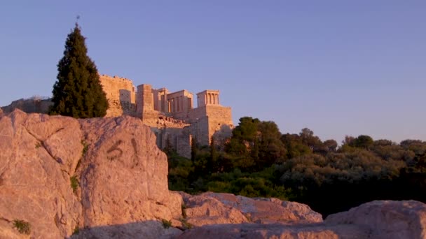 Het Parthenon Bij Zonsondergang Athene Griekenland — Stockvideo