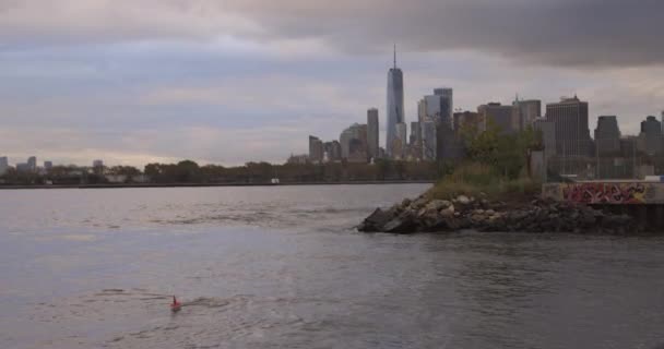 Muž Plavání Zátoce New York Městskou Panorama Pozadí — Stock video