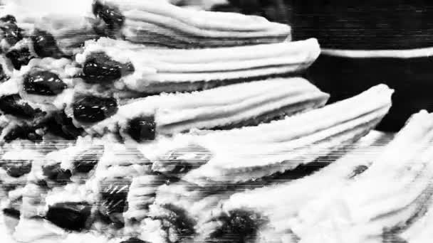 Monochrome Churros Sticks Moving Worm Retro Film Effect Close — Stock Video