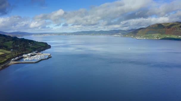 Carlingford Lough Louth Ireland October 2021 ドローンは徐々に上昇し 西はカーリンフォード マリーナに向かって北アイルランドのウォーレンポイントと向かう — ストック動画