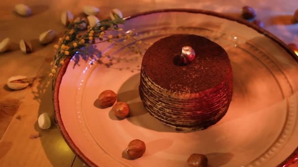 Plate Chocolate Crepe Cake Pistachio Party Table Close Slider — Stock Video