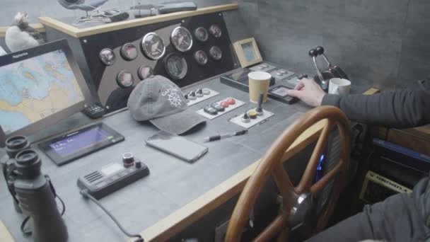 Modern Yacht Steering Helm Dashboard Filled Instrument Dials — Stock Video