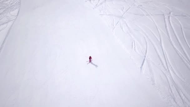 Aerial Ośrodka Narciarskiego Górach Słonecznych Sosnowym Lasem Narciarze Zjeżdżają Stoku — Wideo stockowe