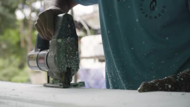 Cutting Polystyrene Foam Surfboard Shape Out Block Jig Saw White — Stock Video