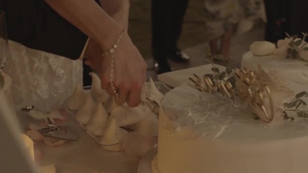 Close Van Een Getrouwd Paar Handen Snijden Hun Bruiloft Taart — Stockvideo