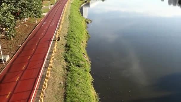 粉色和蓝色缎带标志 乳腺癌和前列腺癌意识月 Pinheiros River Bike Lane Sao Paulo Cityscape — 图库视频影像