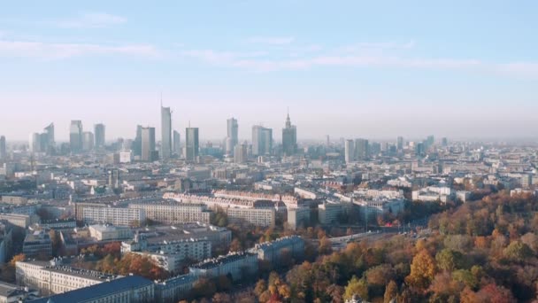 Luftaufnahme Der Polnischen Stadt Warschau Panorama Drohne Abgeschossen — Stockvideo