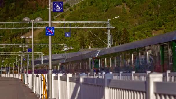 Norveç Teki Merkez Istasyonda Manzaralı Flam Tren Istasyonuna Giren Yolcular — Stok video