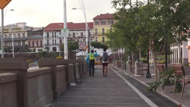 Двое Мужчин Неторопливо Идут Вдоль Живописной Прибрежной Набережной Панамского Канала — стоковое видео