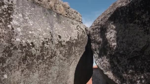 Two Massive Stones Make Doorway Cobblestone Path Leading Monsanto Village — Stock Video