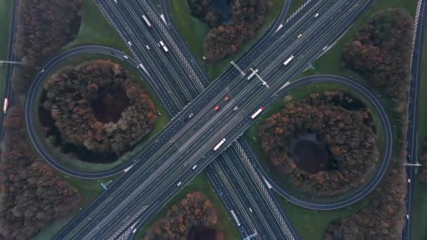 空中俯冲无人驾驶飞机拍摄的一个大的道路交叉口在自然界繁忙的交通 Cloverleaf Intersection Netherlands Oudenrijn A12 — 图库视频影像