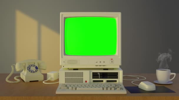 Компьютер Включения Выключения Зеленого Экрана Дисплей Глюк Старинный — стоковое видео