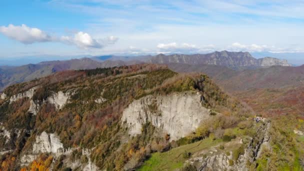 Antenne Bergkette Der Herbstsaison Wald Mit Bäumen Gelblichen Farben Umliegende — Stockvideo