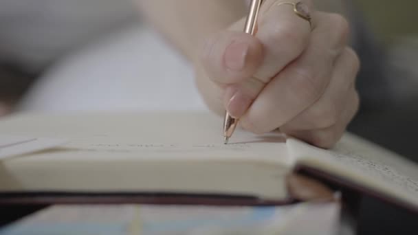 Zakelijke Vrouw Neemt Notities Het Schrijven Van Gedachten Een Notitieboek — Stockvideo