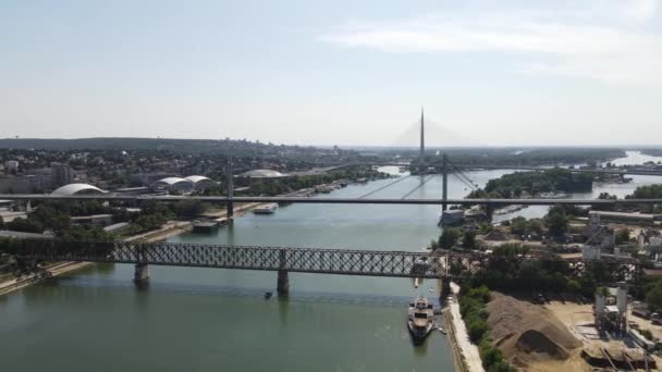 Jembatan Beograd Atas Sungai Sava Drone Aerial View Waterfront Dan — Stok Video