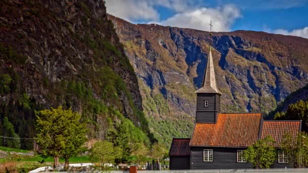 Idyllisk Kyrka Flam Flamdalen Natursköna Norge Timelapse — Stockvideo