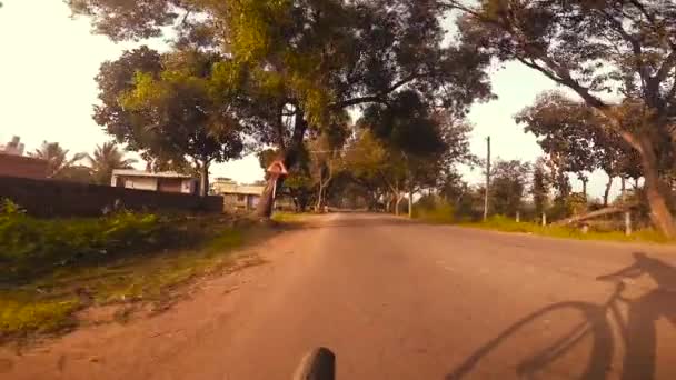 木に沿って田舎の村の道路に沿ってサイクリストペダルワークアウトのPovショット1080 — ストック動画