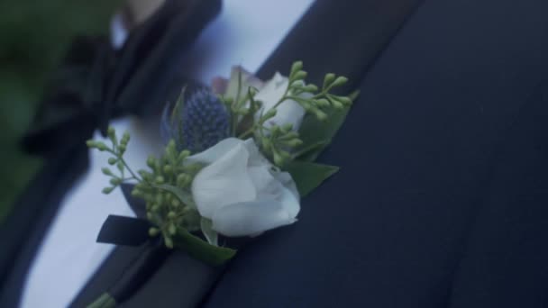 Primer Plano Del Novio Usando Boutonniere Día Boda — Vídeos de Stock