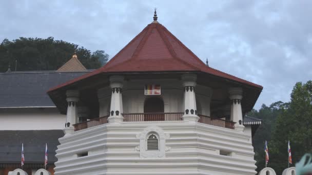 2014年12月 在斯里兰卡的圣牙遗址或斯里兰卡Dalada Maligawa的庙宇中 有白色墙壁和红色屋顶的塔的近景 — 图库视频影像