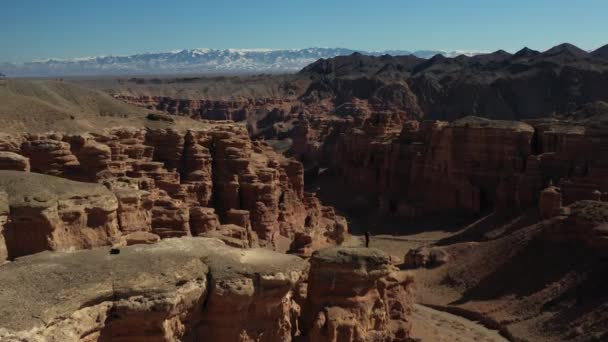 Rivelare Drone Cinematografico Del Charyn Canyon Kazakistan Con Una Persona — Video Stock