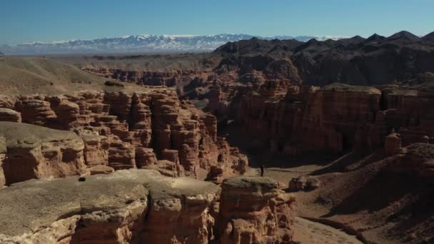 Aufdeckende Filmische Drohnenaufnahmen Des Charyn Canyon Kasachstan Mit Einer Person — Stockvideo