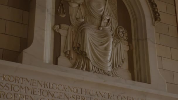 Close Tilt Statue Lady Justice Her Blindfold — Stock Video