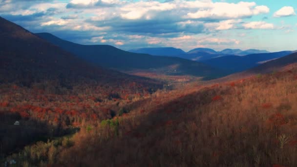 美丽的阿巴拉契亚山脉在美丽的金光和天空中的空中无人驾驶视频镜头 这是在Catskill山的子范围在纽约州 — 图库视频影像