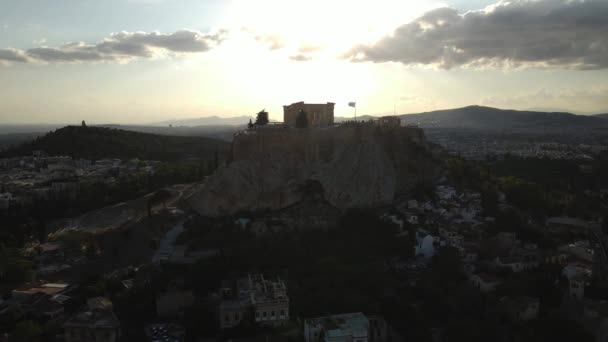 Aerial View Sunset Acropolis Felett Athén Görögország Drone Shot — Stock videók