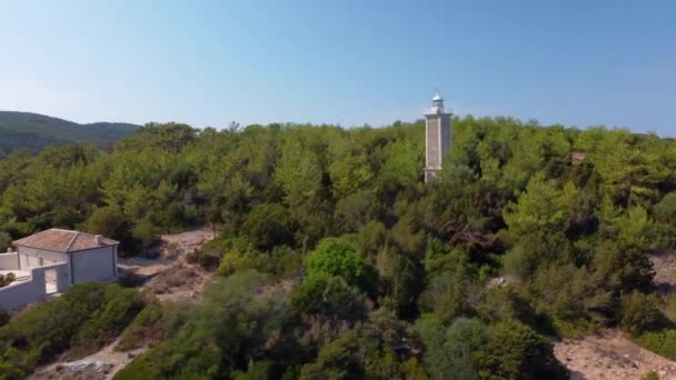 Venetiansk Fyrtårn Nærheden Fiskardo Fiskerihavn Cephalonia Island Grækenland Antenne – Stock-video