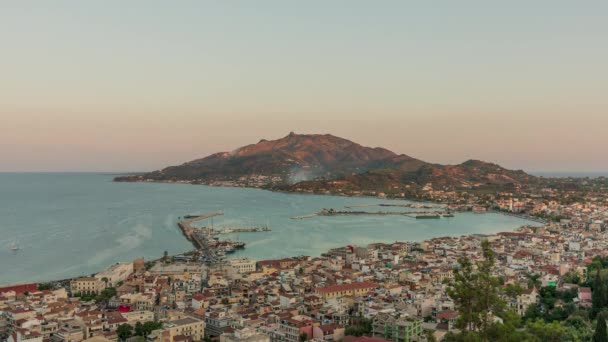 Dag Till Natt Timelapse Zakynthos Hamn Sett Utifrån Panoramic Viewpoint — Stockvideo