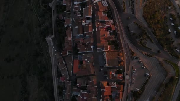 Monsaraz Dorf Bei Sonnenaufgang Portugal Luftaufnahme Von Oben Nach Unten — Stockvideo